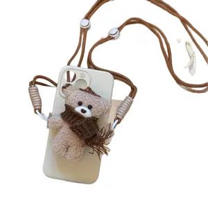Cute crossbody phone strap featuring a plush bear pendant and double nylon cords