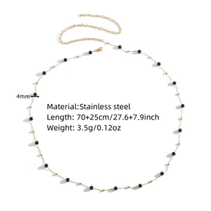 Detailed specs for minimalist gold-plated stainless steel waist chain with black beads.
