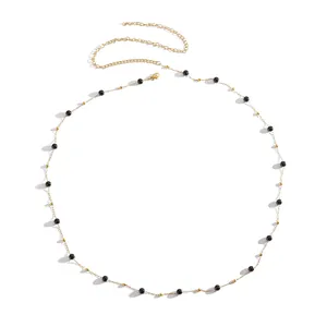 Minimalist gold stainless steel belly chain with decorative black beads for women jewelry