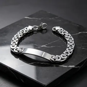 Hip Hop Byzantine Chain Bracelet For Men Titanium Steel Polished Curved ID Bar Plate Emperor Link Chain Jewelry Biker Wristband