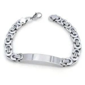 Men's silver titanium steel Byzantine chain bracelet with a polished blank ID plate