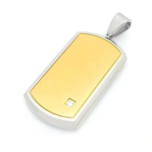 Two-tone titanium steel dog tag pendant for men with small diamond inlay and silver border.