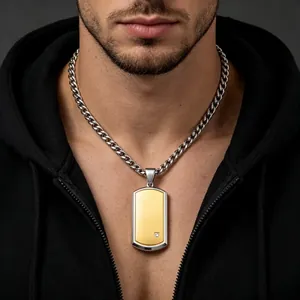 Close-up of men's two-tone titanium steel dog tag pendant with small crystal inlay