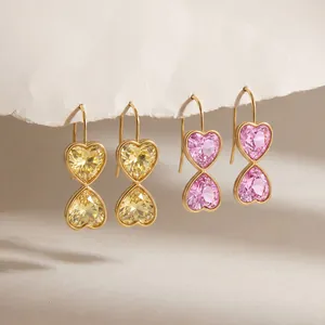 Fashion Heart Pattern Rhinestone Inlaid Stainless Steel Drop Earrings For Women 18K Gold Plated Luxury Heart Jewelry Gift