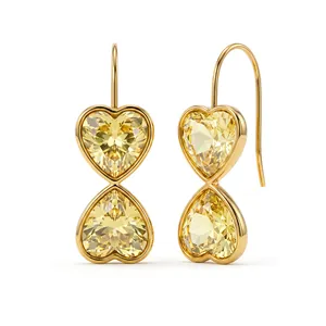 Luxury 18k gold-plated stainless steel earrings with double yellow heart crystals