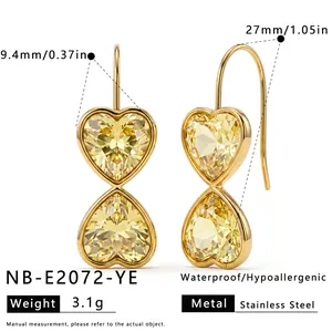 Heart-shaped stainless steel earrings with yellow crystals and 18k gold plating