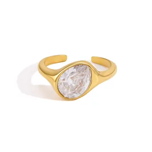 Minimalist gold stainless steel open ring with large oval teardrop zircon stone