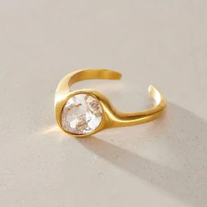 Close-up of a gold stainless steel ring with a teardrop-shaped zircon inlay