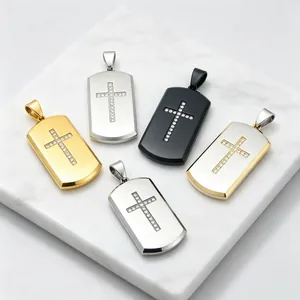 Hip Hop Stainless Steel Cross Rhinestone Dog Tag Pendant Only For Men Fashion Jewelry Gift Without Chain Polished Pendant