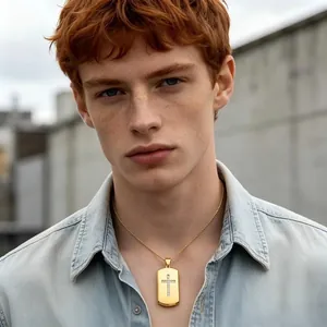 Detailed view of a gold titanium steel dog tag pendant with a diamond cross on a male model