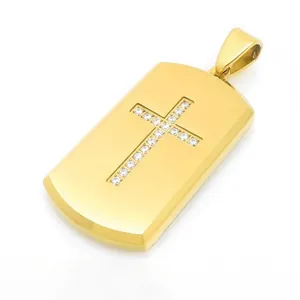 Gold titanium steel dog tag pendant necklace with a brilliant diamond-set cross