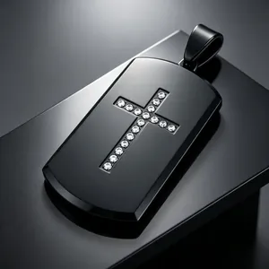Detailed macro view of black dog tag pendant with sparkling diamond cross for men