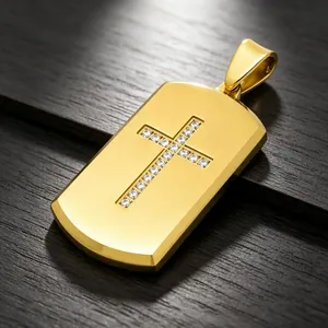 Close-up of gold titanium steel dog tag pendant with sparkling inlaid cross