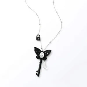 Gothic black butterfly key necklace with crystal water drop pendant in sweet-cool style