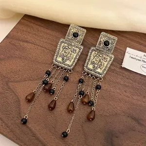 Detailed close-up of vintage court style square earrings with elegant long tassels