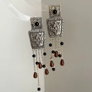 Vintage Geometric Alloy Acrylic Water Drop Tassel Earrings For Women Gold Coffee Black Retro Niche 925 Sterling Silver Post Jewelry