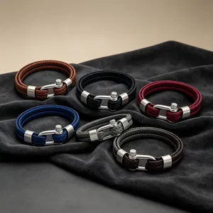 Bracelet Vintage en Cuir Artificiel Tressé Double Couche Pour Hommes Fermoir Manille en Acier Titane Bijoux Hip Hop Punk