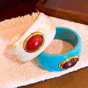 Brazalete Ancho de Resina Vintage para Mujer Lujo Mármol Difuminado Ovalado Strass Incrustado Brazalete de Moda Joyería de Mano de Nicho