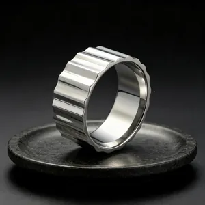 Unisex 9mm mechanical gear stainless steel ring with vertical textured grooves design