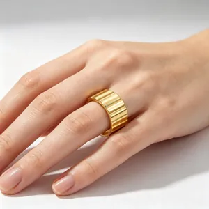 Unisex 9mm wide gear vertical striped stainless steel ring in polished gold finish