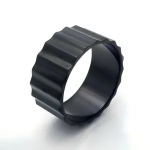 Minimalist 9mm black mechanical style stainless steel ring featuring vertical gear ridges