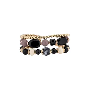 Fashionable three-layered beaded bracelet set with gold metallic and black acrylic stones
