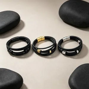 Herren Dreischichtiges Geflochtenes Lederseil Armband Mit Titanstahl Magnetverschluss Hip Hop Punk Schmuck Für Jungen