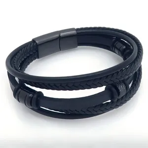 Stilvolles mehrlagiges schwarzes Lederarmband für Herren mit magnetischem Stahlverschluss