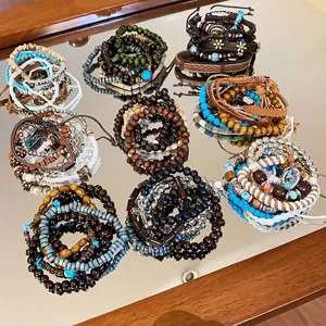 Bohemian Multi-layer Beaded Bracelet Set Ethnic Vintage Handmade Leather Wood Beads Turquoise Charm For Women Daily Jewelry