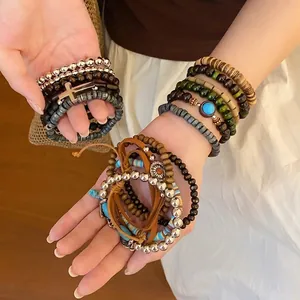 Bohemian multi-layer beaded stack bracelet set with a vintage ethnic design style