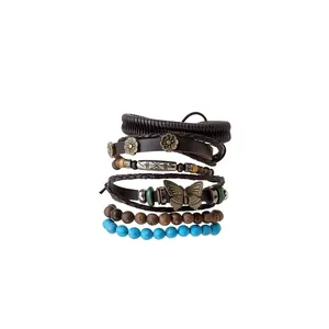 Bohemian multilayer beaded bracelet set with retro butterfly and flower charms