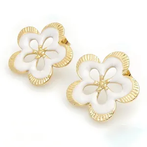 Pendientes de camelia hueca vintage francesa elegantes en esmalte blanco y dorado