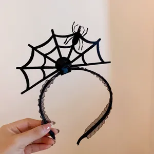 Detailed view of black Halloween spider web headband with elegant lace trim and spider ornament