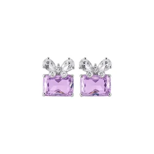 Silver needle earrings with purple rectangular zircon and crystal butterfly design