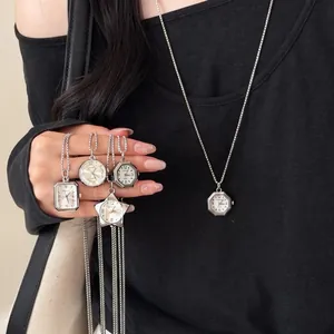 Vintage Silver Geometric Pocket Watch Necklace For Women Fashion Heart Star Round Square Pendant Quartz Long Chain Jewelry