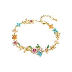 Colorful zircon flower charm bracelet with an adjustable gold chain for women