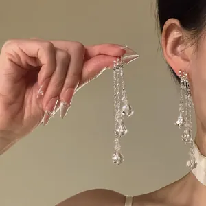 Mode Legering Kwastje Oorbellen Met Zilveren Oorsteker Elegante Gelaagde Lange Strass Oorbellen Voor Vrouwen Sieraden Cadeau