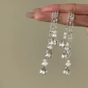 Detailopname van elegante zilveren kwastjesoorbellen met heldere kristallen druppels