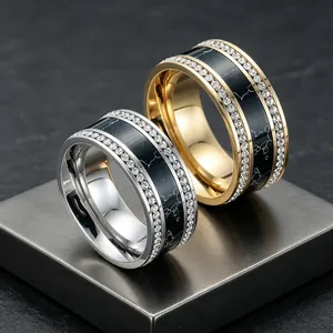10mm breite Edelstahlringe mit doppelreihigen Strasssteinen und schwarzer Einlage