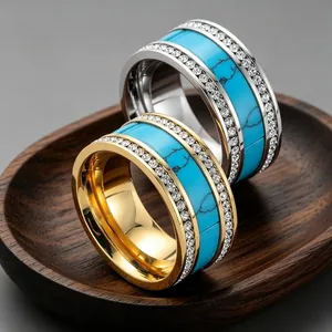 Vintage 10mm Edelstahlring mit Türkis-Inlay und doppelreihigen Pavé-Diamanten für Damen
