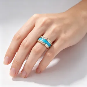 Vintage Breiter Edelstahl Ring Für Damen Künstlicher Türkis Marmor Einlage Doppelreihiger Strass Individualität Fingerring