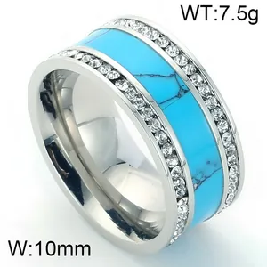 10mm breiter Edelstahlring mit blauem Türkis-Inlay und zweireihigen Pavé-Kristallen