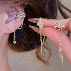 Elegant gold butterfly and bow ear cuffs set with zircon tassels for women fashion