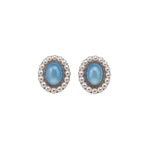 Elegant oval light blue resin stud earrings with white pearl halo border for women