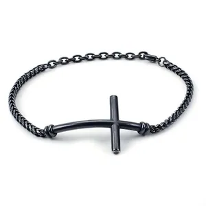 Retro-Armband aus schwarzem Edelstahl mit einem einzigartigen horizontalen Kreuz