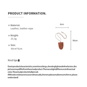 Detailed product specification image showing leather necklace dimensions, weight and materials.