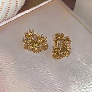 Elegant 18k gold plated pleated fan earrings with sparkling zircon stone inlays
