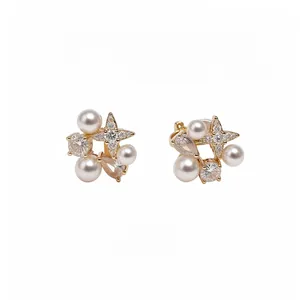 Elegant 18k gold plated ear clips featuring white pearls and sparkling zircon star design