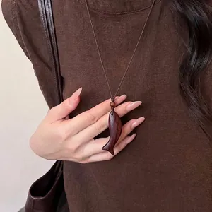 Elegant handmade wooden fish pendant necklace with brown braided cord New Chinese style jewelry