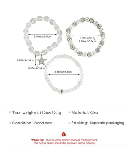 Set aus drei Kristall- und Perlenarmbändern mit Sternanhänger und Größenangaben.